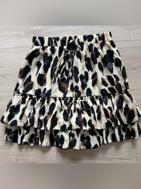 Leopard Print Tiered Mini Skirt in Black, Brown & Cream